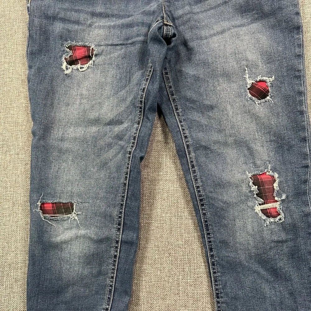 Justice Distressed Denim Overalls With Plaid Patches Size 14